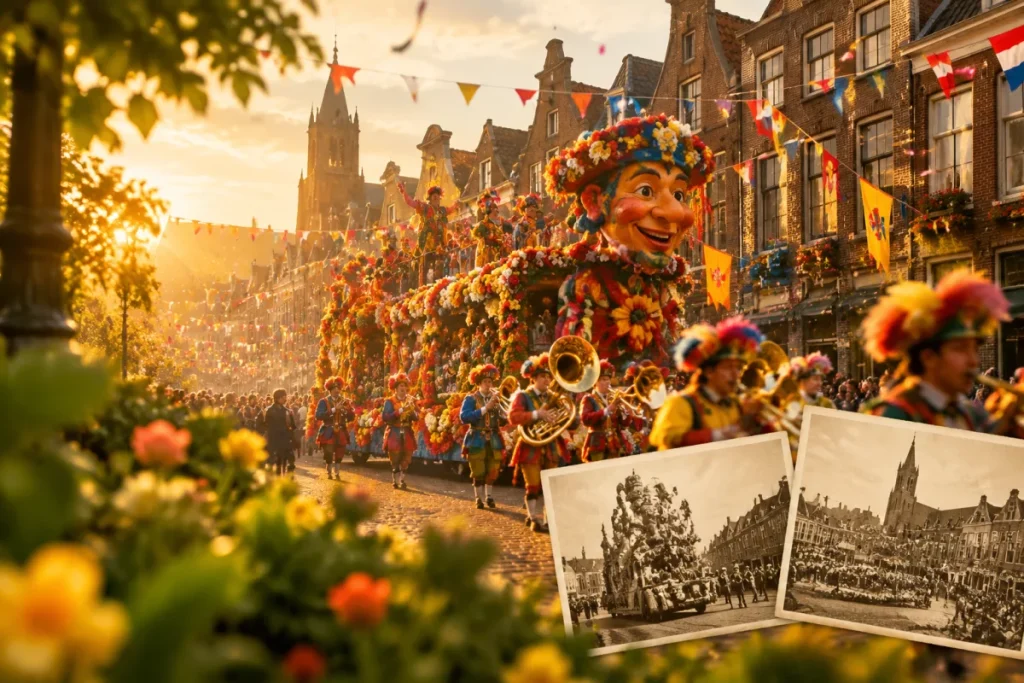 Carnavalsoptocht met grote praalwagen en vlaggetjes in een straat