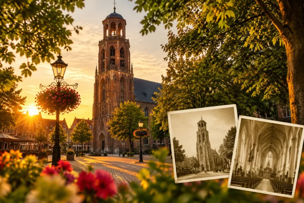 Gotische bakstenen kerktoren boven een geplaveide markt in avondlicht