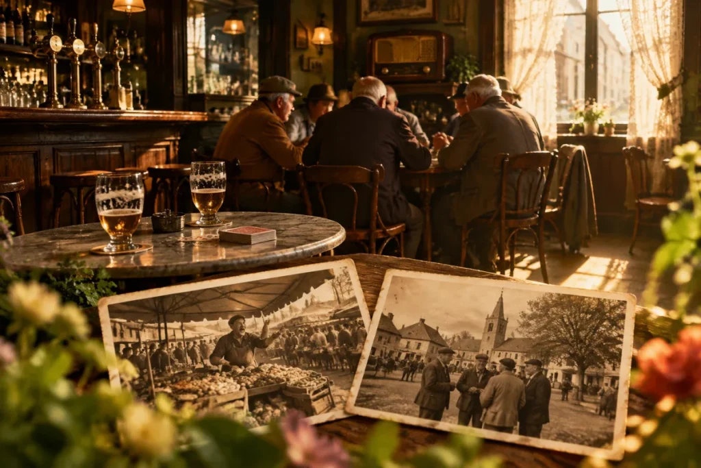 Bruin cafe met houten bar en pratende mannen in de middagzon