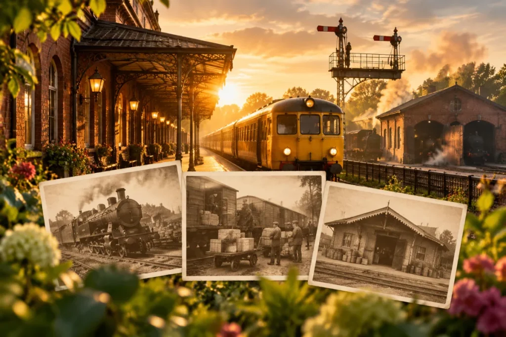 Negentiende-eeuws bakstenen station met perronkap en gele trein