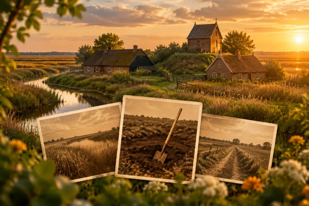 Laaggelegen landschap met beken en een kleine middeleeuwse kapel op hoge zandgrond
