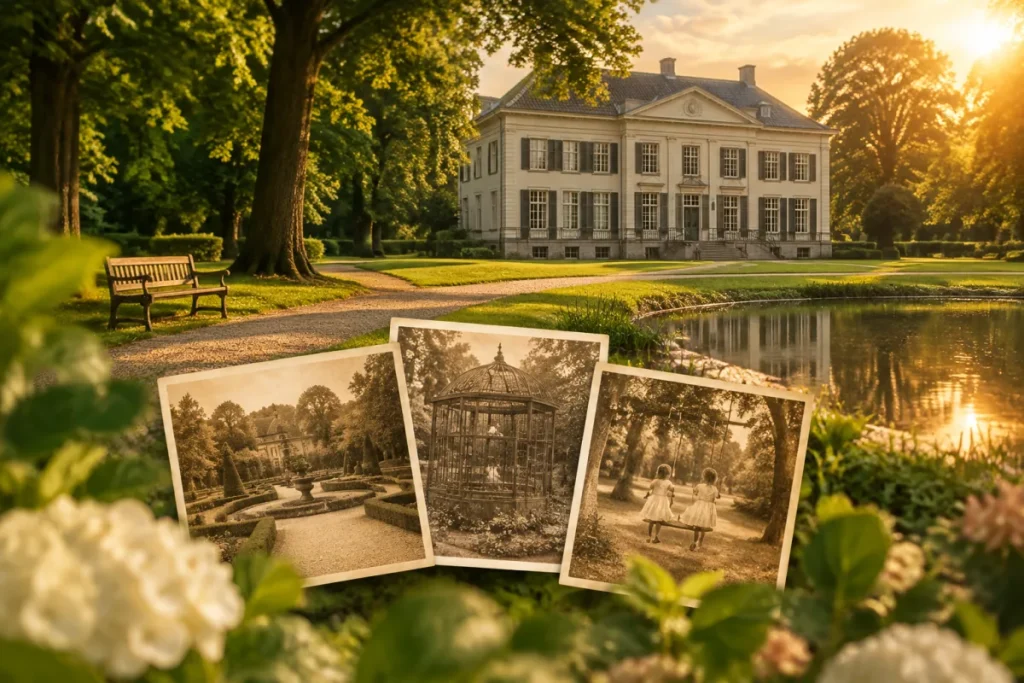 Wit landhuis in een stadspark met oude beuken en een vijver