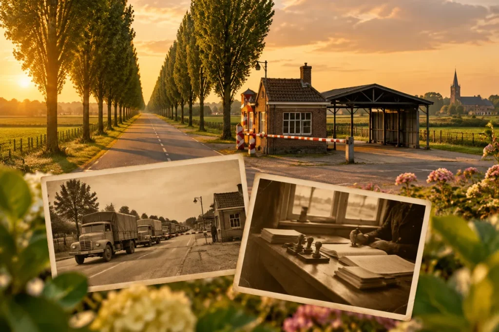 Rechte landweg met populieren langs een oud grenspost gebouw
