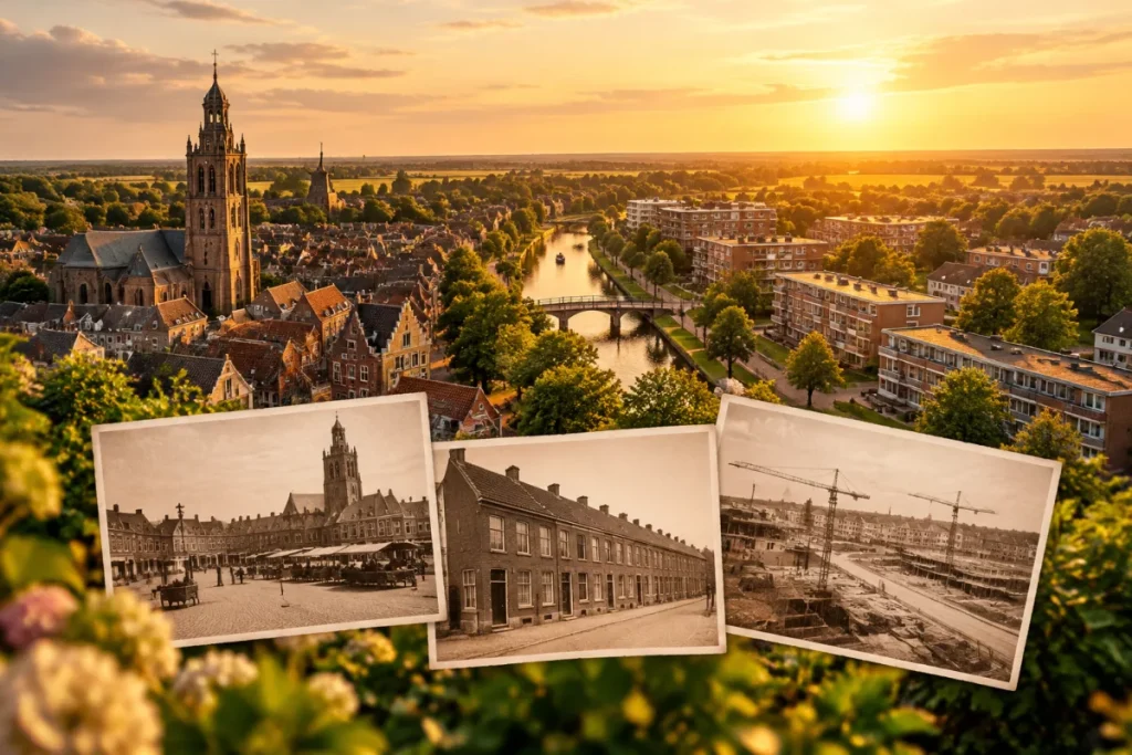 Overzicht van een Brabantse stad met oude kern en naoorlogse wijken