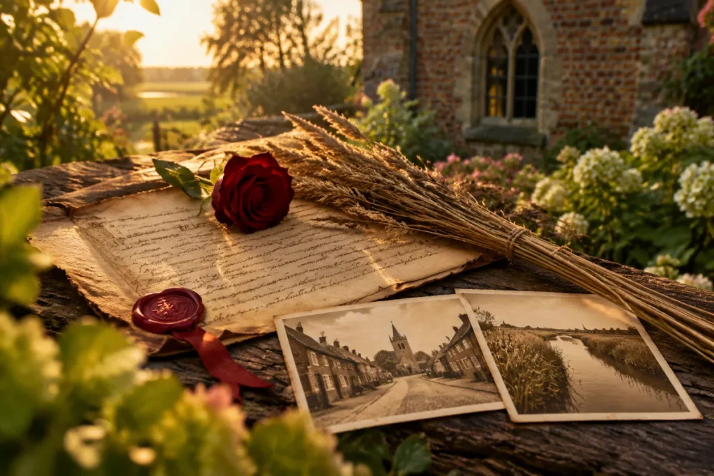 Oude oorkonde met zegel, een roos en gedroogd riet op een houten tafel